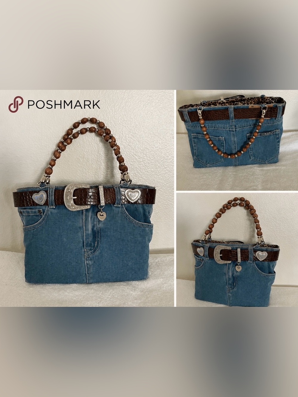Recycled Denim Shoulder Bag with Brown Croc-Embossed Trim